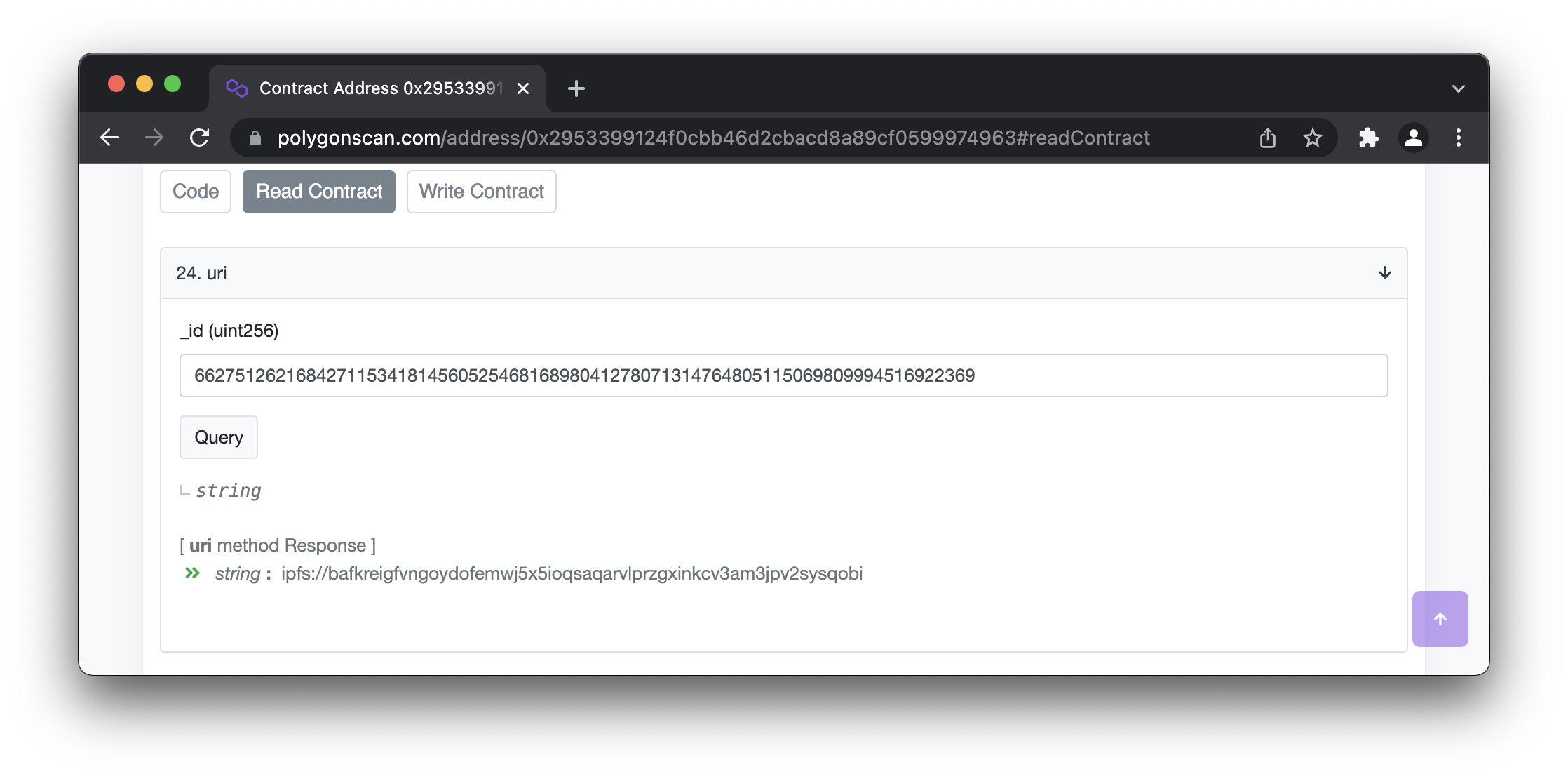 Screenshot of polygonscan block explorer showing a call to the uri contract function