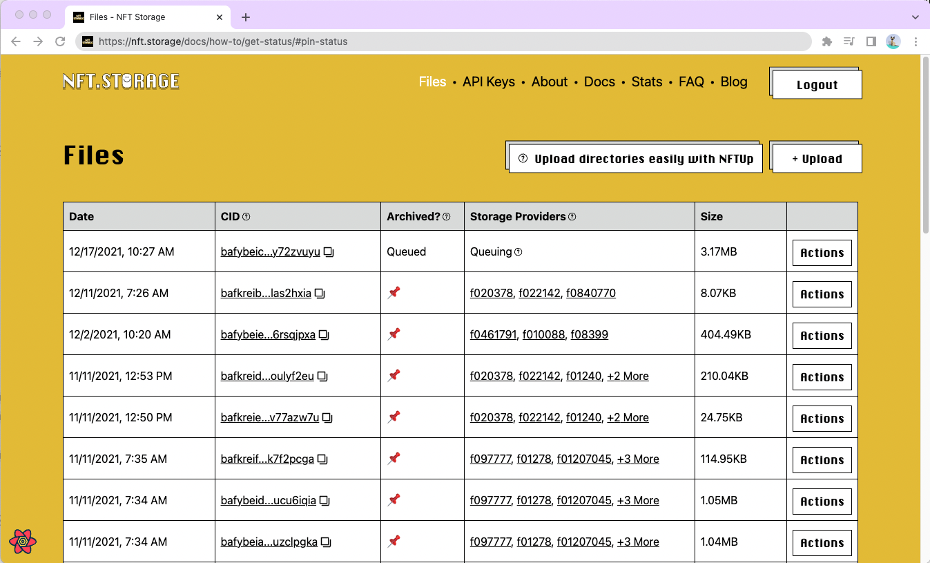 Screenshot of NFT.Storage file listing page, showing a table with an entry for each upload.